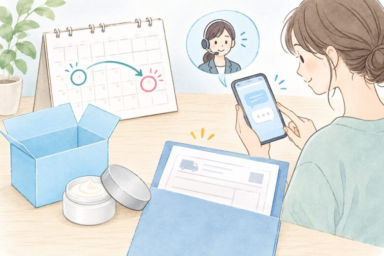 アセッテナイの定期便と納品書・化粧箱の返送を確認するイラスト