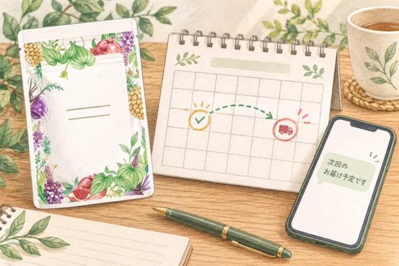 CUORIAのサプリと次回発送日を確認するカレンダーのイラスト