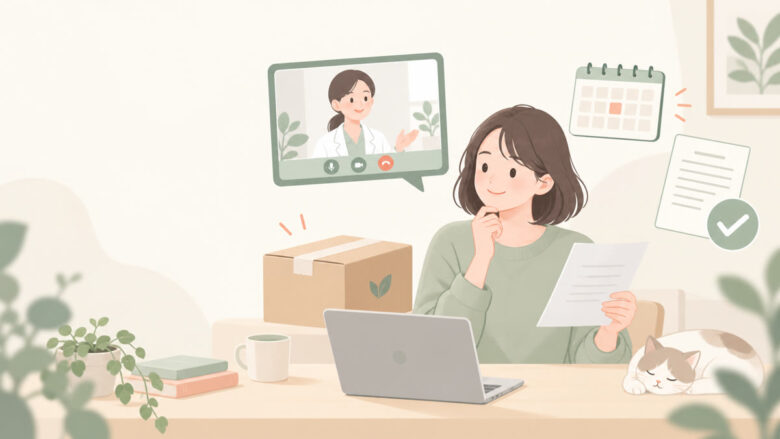 【DMMオンラインクリニック らくらく定期便】マイページでの解約方法と注意点を確認するイラスト