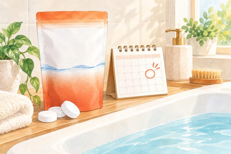ホットタブの入浴剤と次回お届け日のカレンダーを描いたイラスト