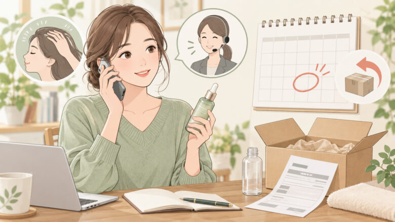 【イクモアナノグロウリッチ】電話での解約方法を解説!次回発送予定日の7日前までに手続きをの解約手続きを確認するイラスト