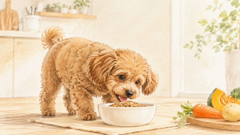フレッシュフードを食べる犬のイラスト