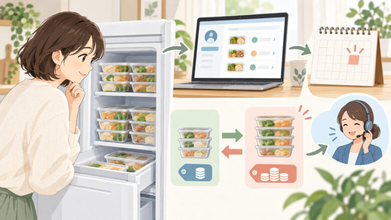 【RIZAP サポートミール】お問い合わせフォームと電話で解約可能!次回お届け予定日の10日前までに連絡をの解約手続きを確認するイラスト
